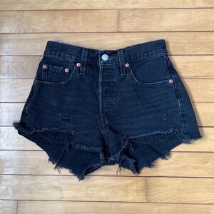Levis 501 Original High Rise Distressed Denim Shorts Black W24 Raw Hem Cut Off